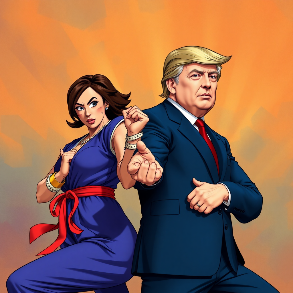 Dragon ball style Kamala Harris and Donald Trump mimic fusion position