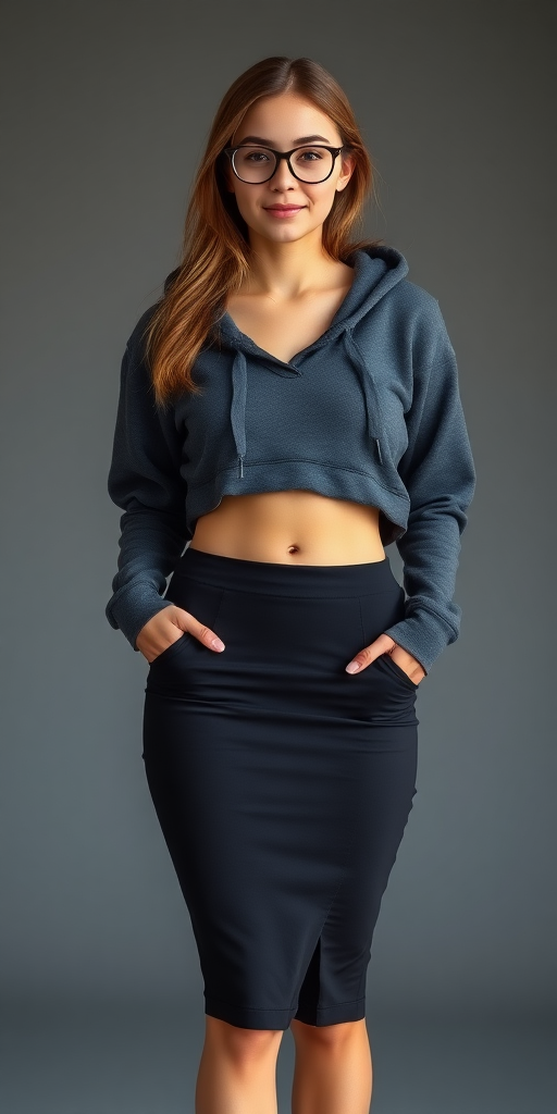 a fullbody photo of an 18 year old woman with glasses and a slim waist wearing a very low waisted tight black pencil skirt and short dark grey cropped hoodie, showing the midriff and belly button, standing