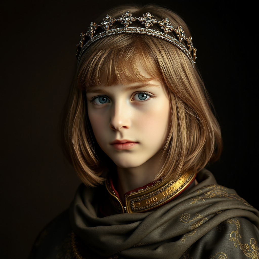 16yo teen boy prince, long bob cut, embroidered with gold and diamonds medieval cloths, diamond diadem and Beautiful War, natural Skin Texture, visualization of embossed Skin using the play of light and shadow. Studio lighting, professional lighting. Free style by 15% Adolphe William Bouguereau, Academic realism and 5% Sandro Botticelli, early Renaissance and 80% Otto Lomüller, Boy Scout photorealism. The background is in the style of landscape style by Antonio del Polaiolo, Generating the signature at the bottom: FluxBach, ultra high resolution, 16K,