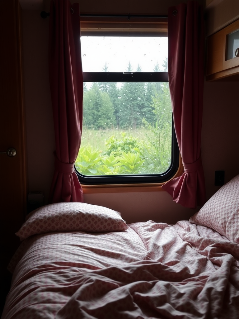 Window, bed, rich details, real, reality, RV true, reality, rainy day.