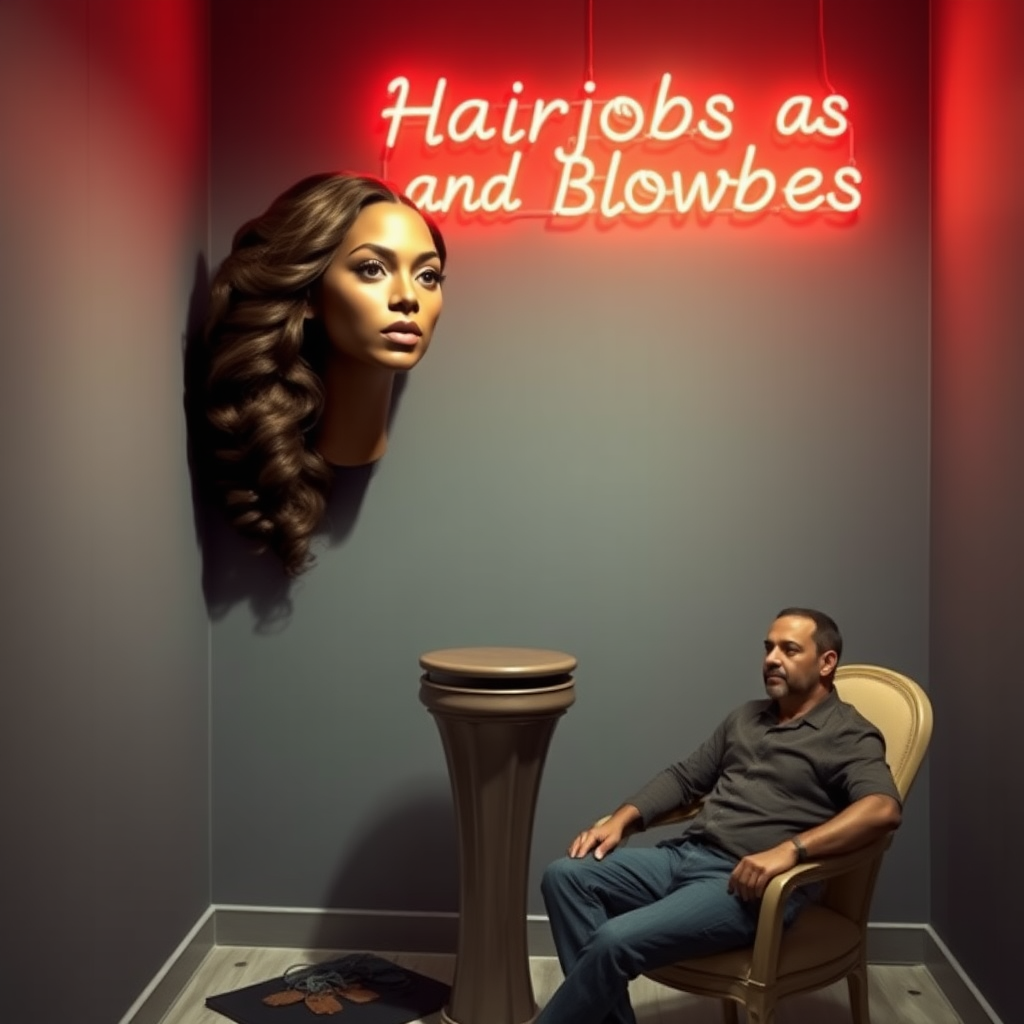 In a well lit corner of an unconventional long hair fetish store, an astonishing sight awaits—the real, live, flesh and blood disembodied head of Beyoncé, her luxurious, cascading waves of hair that flow down to the ground glistening under the soft overhead lights. The striking contrast of her rich, dark locks against her flawless, sun-kissed complexion creates a mesmerizing visual. Resting atop an elegantly designed pedestal, the head appears almost otherworldly, with bright, expressive eyes that convey an engaging mixture of charm and mischief. 

The plain gray background enhances the surreal atmosphere, offering a stark canvas that emphasizes the vivid details of her captivating visage. A whimsical, neon sign in bold letters hangs just above, proclaiming "Hairjobs and Blowjobs," adding a playful yet provocative element to the scene. A man sits in a chair next to her. Her head is at eye level with his crotch.