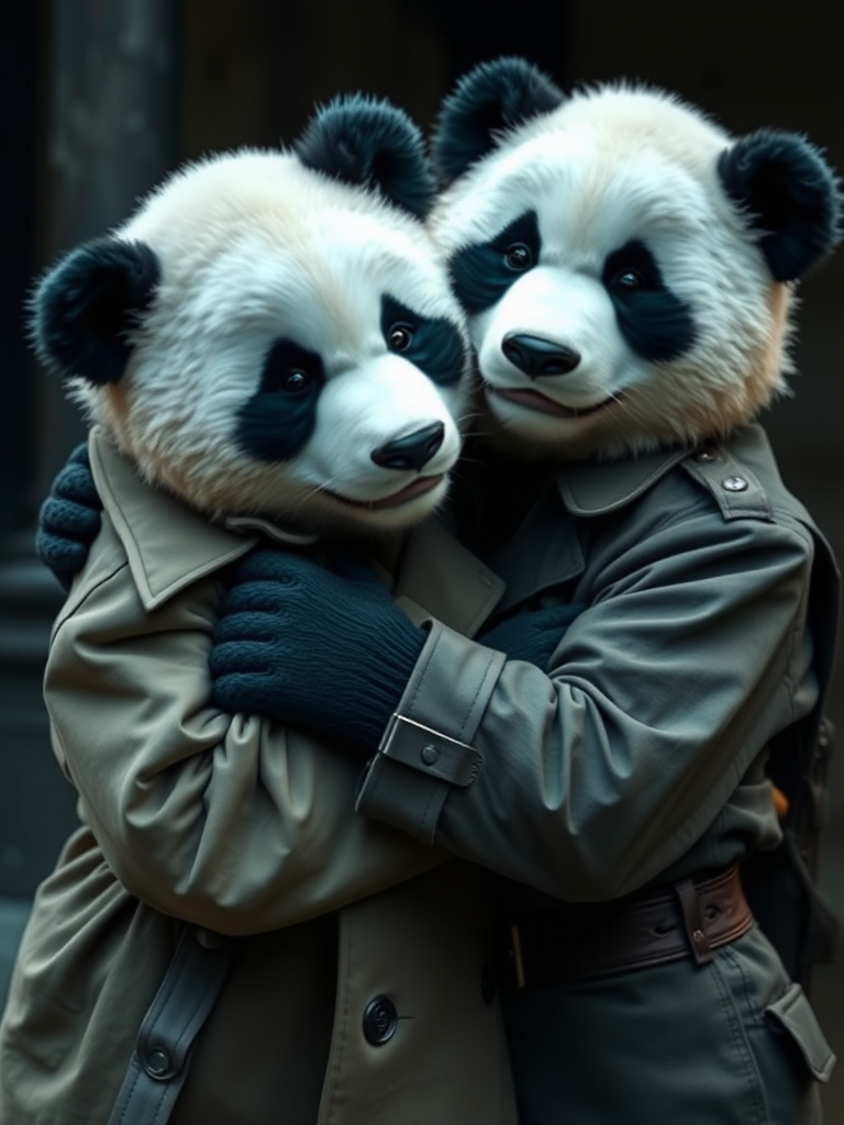 A photo realistic picture of two panda bears hugging. One is wearing a trenchcoat and the other is wearing a military uniform.