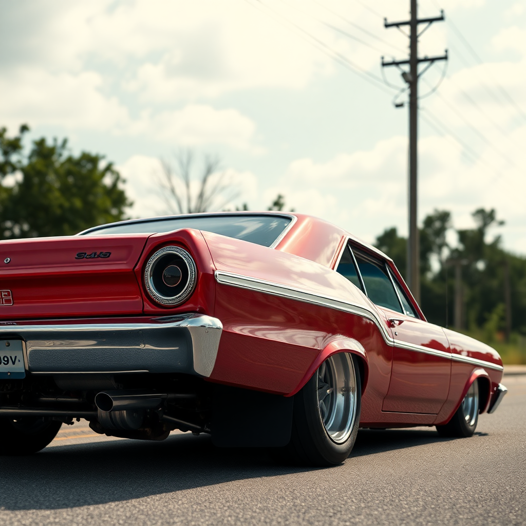 the drag car is parked on the side of the road, inspired by Taiyō Matsumoto, tumblr, restomod, nd4, c4 metallic shine candy red classic american low rider custom ford