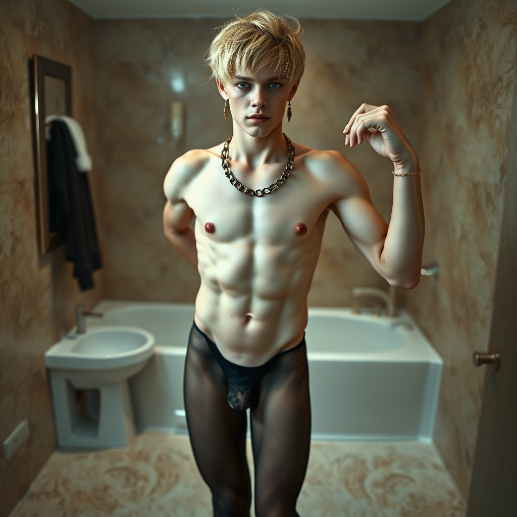 photorealistic, ultra high resolution, 16K, surreal fantasy, soft studio lighting, Caleb Swift is a pretty 16 year old goth male , slim male physique, blonde hair, blue eyes, goth makeup, earrings, sheer black pantyhose, spikey neck collar with chain, standing on the floor of the bathroom striking a pose as Michelangelo's "David" sculpture, excite mouth, bulging manhood, full body front view f with Caleb facing the camera.