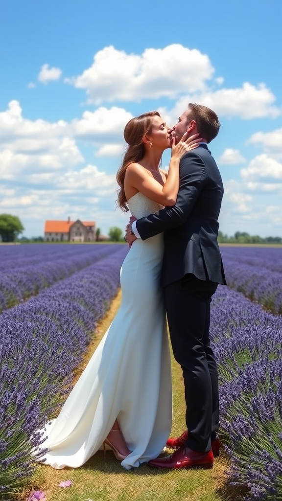 Bride and groom dressed elegantly, she in high heels and he in patent leather shoes, he passionately kisses the bride, in the background a large lavender field, a farmhouse in the background, blue sky with white clouds.