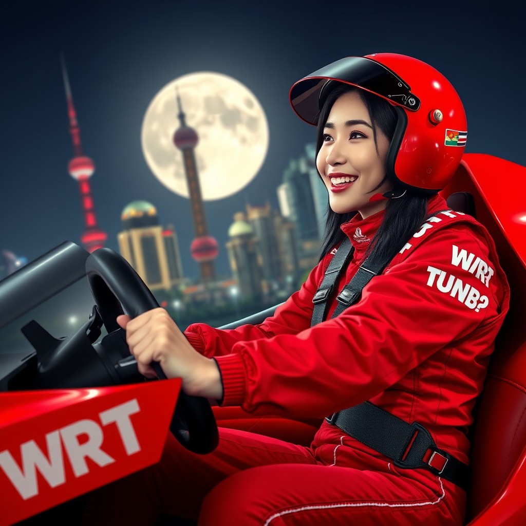 A beautiful Chinese female racer, smiling, driving a red race car with only "WRT" written on its body. Her red racing suit also just has "WRT" written on it, with the background featuring the night scenery of Shanghai and a huge moon.