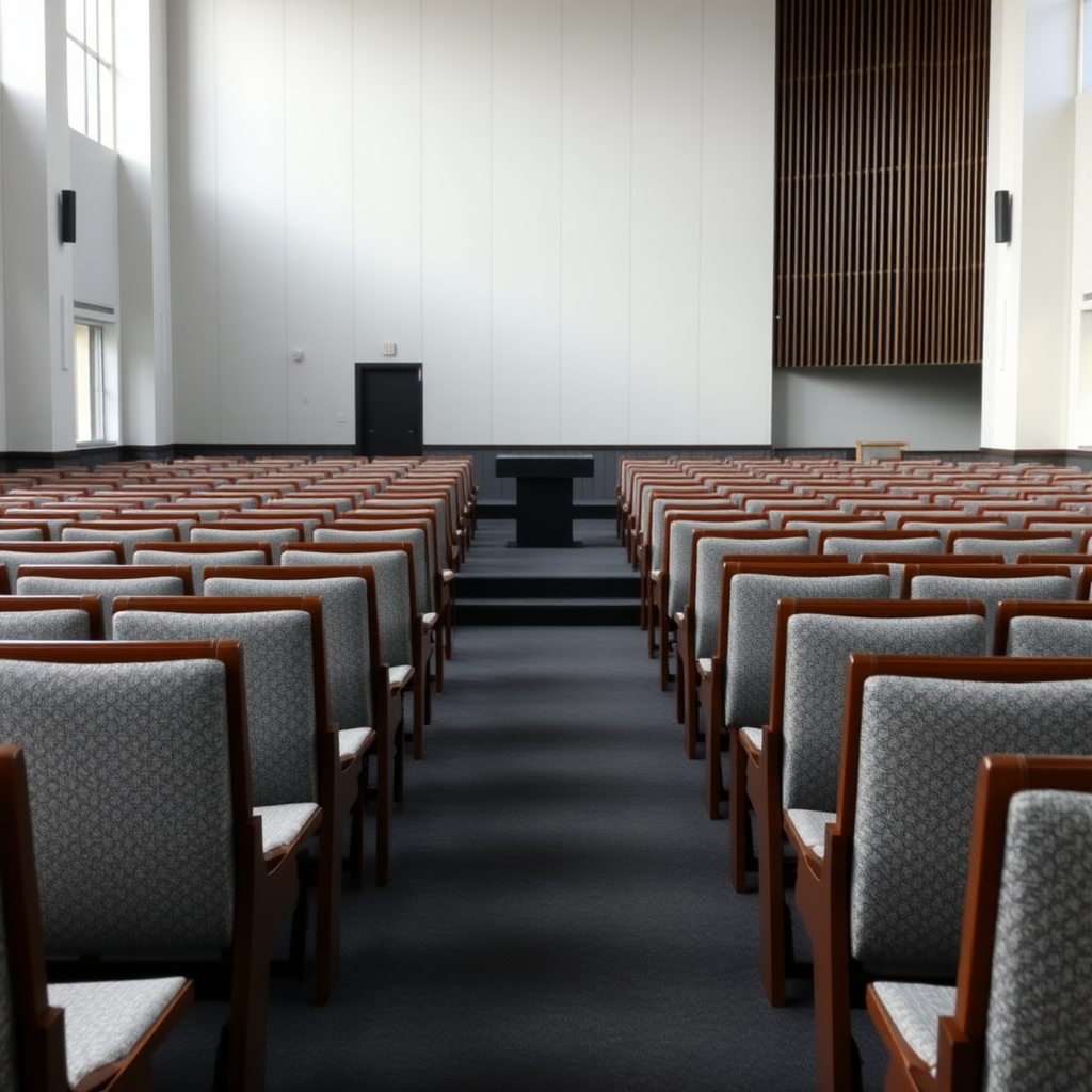 Give me grey fabric benches with a dark wooden frame that are inside a big modern church. The carpet of this church is dark grey. The pulpit is black. don't do chairs, do benches. I said no chairs!!!