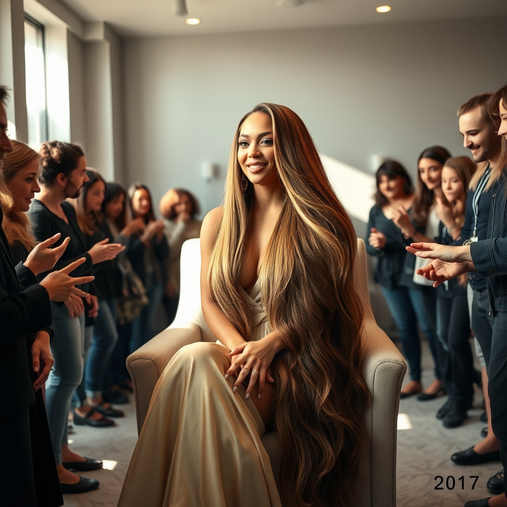 In an elegant, sunlit salon, adorned with soft, minimalistic decor, the stunning Beyoncé sits gracefully in a plush chair, her incredibly long, luxurious hair cascading like a flowing waterfall of silk down her shoulders and past her waist. The gentle glow of overhead lights highlights the rich, deep hues of her hair, each strand reflecting the brilliance of the space around her.

As an interactive long hair fetish performance art exhibit unfolds, curious visitors gather around, their eyes alight with fascination and excitement. Some eagerly reach out, gently grasping her hair between their fingers, feeling the smooth texture slip through their hands, while others playfully tug at it, testing the boundaries of their interactions. Each movement is accompanied by a symphony of soft gasps and murmurs of appreciation, enhancing the atmosphere of intimacy and connection.

The background is a simple, unobtrusive gray, allowing the artistry of the moment to take center stage. The air is charged with a sense of wonder and exploration, as visitors not only admire Beyoncé's hair but also engage in this tactile experience, deepening their understanding of the artistry behind her presence. Her expression is a mixture of serenity and playful engagement, reflecting her comfort and trust in this unique performance, ultimately creating a captivating scene where art and audience intertwine seamlessly.