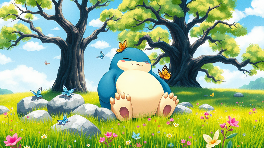 A Dutch watercolor illustration depicts a serene and relaxing scene set in a lush meadow under a bright blue sky with scattered white clouds. The central figure is Snorlax, a large, blue and white Pokémon character with a round body, closed eyes, and a content expression, sitting comfortably among rocks in a vibrant green grassy field. Snorlax's body is curved, and it rests its head on one of the gray rocks, with sunlight creating shadows on its rounded belly. Its arms and legs are spread out, with lighter beige fur visible on its paws. The meadow is scattered with small, colorful flowers in shades of pink, purple, and blue, creating a tapestry of colors across the landscape. Several butterflies of various sizes and colors, including blue, yellow, pink, and light green, are seen fluttering around Snorlax and resting on the rocks and grass. One butterfly is perched on Snorlax's head, while another is on its belly. The background features two large trees with thick, dark brown trunks and branches extending overhead, their leaves depicted in various shades of forest green, creating a canopy of shade. The sky above is clear and light blue, with soft, white clouds. The scene is brightly lit by natural sunlight, casting soft shadows and highlighting the vibrant colors of the landscape. The overall mood is peaceful and idyllic, enhanced by the high contrast, saturation, luminance, and the balanced exposure of the image. The composition follows the rule of thirds, with Snorlax placed slightly off-center to the left, creating a harmonious and visually appealing image that captures the essence of a tranquil moment in nature.