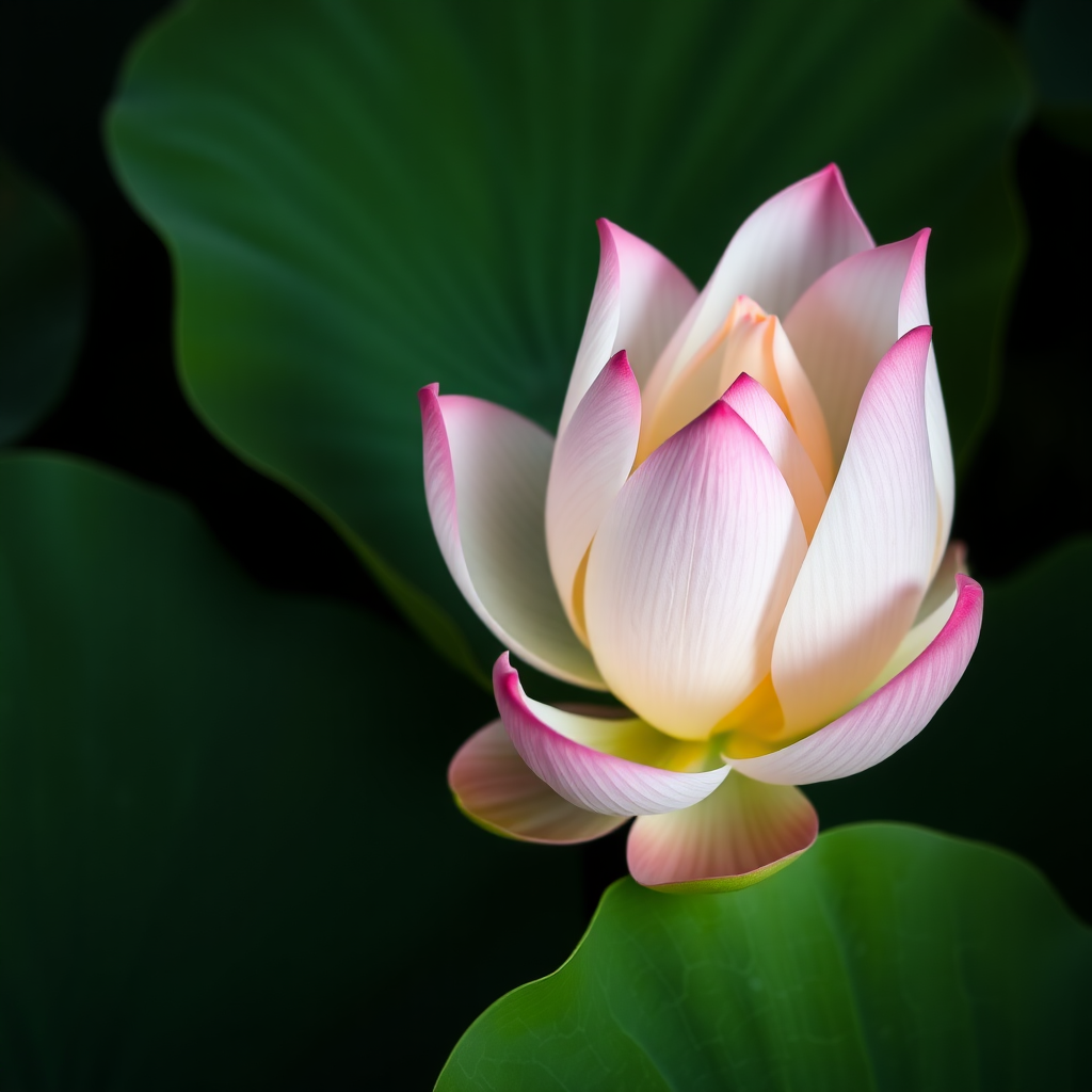 A close-up view of a delicate lotus flower, showcasing its soft pink and white petals and vibrant yellow center, emerging gracefully from a lush green background of large lotus leaves. The petals are slightly curled at the edges, capturing the light with a gentle sheen, while the leaves exhibit various shades of green, showcasing their texture and natural imperfections. The scene is illuminated by soft, diffused light, creating a serene, tranquil atmosphere. The backdrop is mostly dark, enhancing the flower's vivid colors and giving it a sense of isolation and beauty amidst the foliage, evoking a feeling of calmness and purity, in a hyperrealistic style.