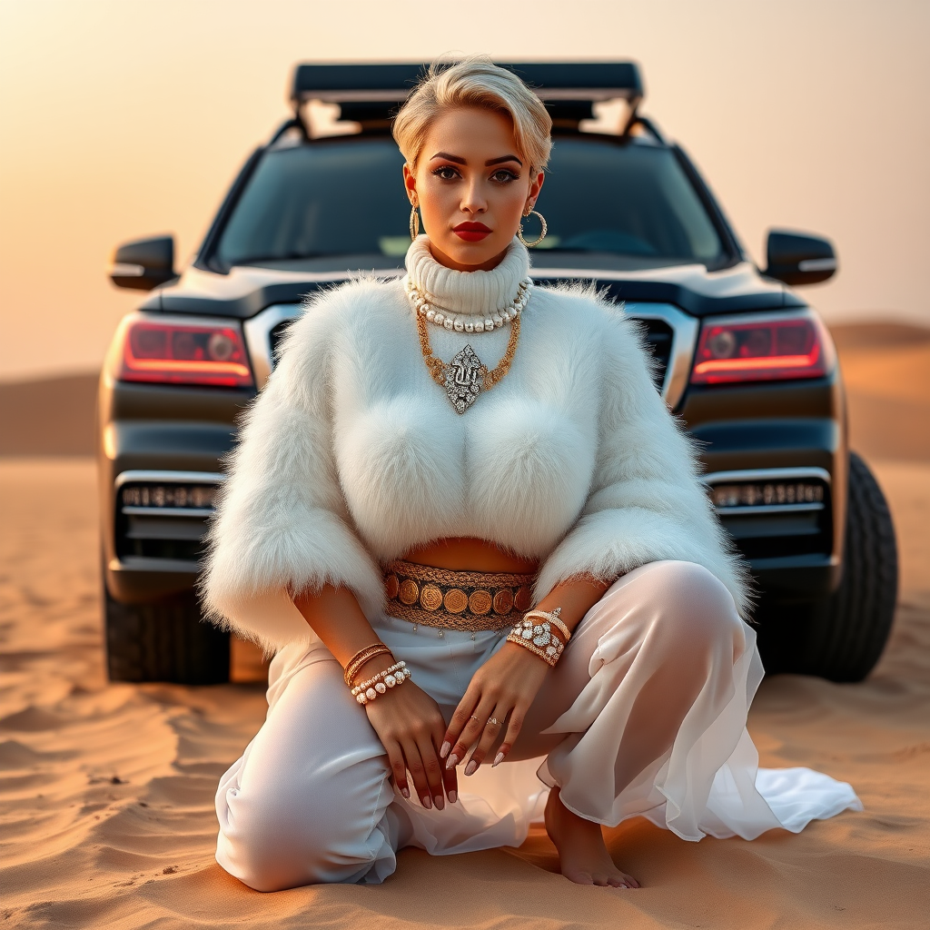 Kuwait desert dunes misty dawn, full size luxury SUV: Melissa, European 17 years old very convincing femboy “trophy-bimbo”, tamed servile docile, very beautiful feminine flawless face, rather short, by hormones very curvaceous womanly figured, platinum blond short tight curls, bold red lips, long white French nails, heavily made-up face, wearing Supertanya-style fluffy very fuzzy bright white angora turtleneck-poncho cropped ending under bust decorated with pearls and glass stones, striking oriental wide gold bridal protection belt, white fully transparent harem pants, full Oriental bridal jewelry including headpiece, nose-ring, coin wristlets, coin anklets, striking diamond “Bimbo” letter brooch on left chest, thick heavy pearl wristlets, pout frustrated, kneeling in sand in front of SUV, looking at camera. Focus on face and turtleneck-poncho.