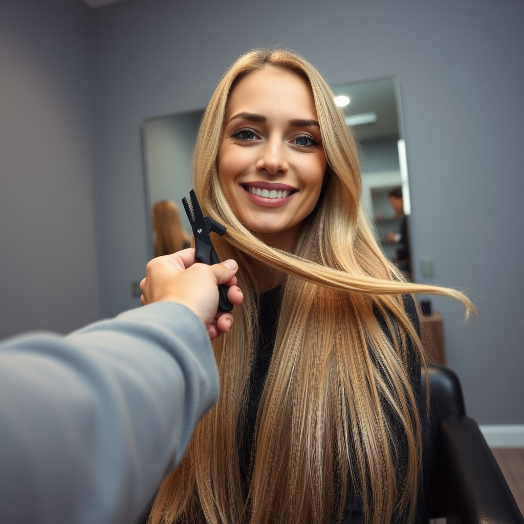 POV, beautiful very long haired blonde woman sitting in a hair salon smiling at the camera while I reach out from behind the camera to trim her very long hair. Plain gray background.