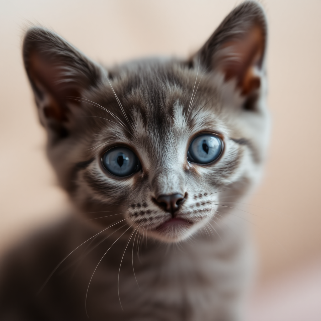 closeup of a russian blue kitten's face while it looks closely at the camera