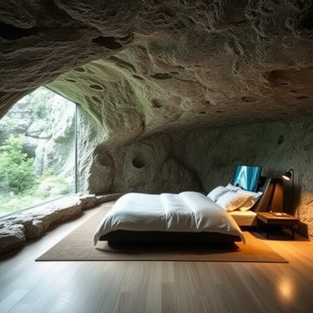 Inside the cave, stone wall textures, spacious windows, natural light, comfortable large bed, modern display screen, blend of technology and nature, cozy interior, soft lighting, green vegetation outside the window, reflections on the rock walls, tranquil atmosphere, authenticity, reality.