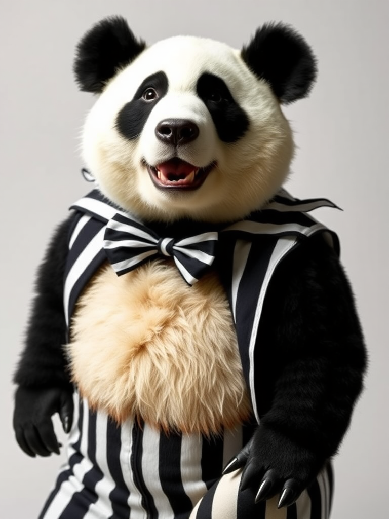 A panda bear dressed up as Beetlejuice