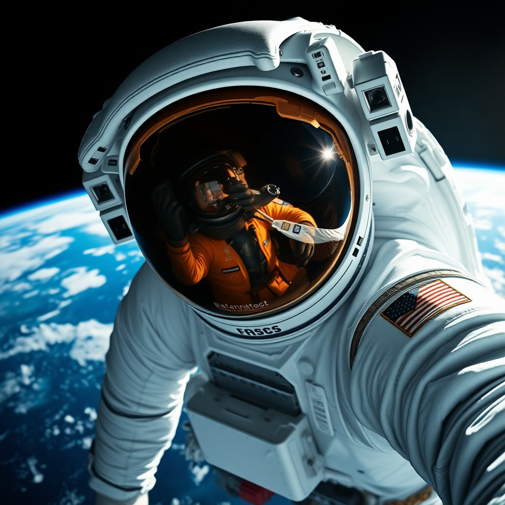 Astronaut in a white spacesuit, floating in space, with Earth in the background. The scene captures a hyperrealistic view showcasing the intricate details of the suit, including textures and reflections in the visor. The visor reflects another astronaut and elements of the spacecraft. The background features deep blues and whites of Earth and the vastness of space, with a dark, almost black, void surrounding it. Bright sunlight highlights parts of the astronaut's suit, creating stark contrasts and emphasizing the details. Include hints of light shimmering off the helmet and the colors of the spacecraft against the cosmic backdrop.