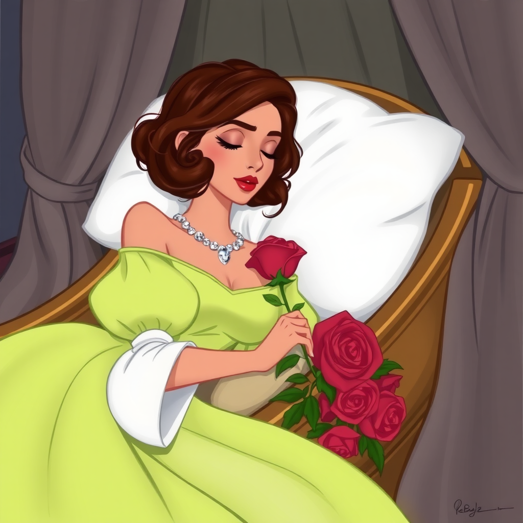 Disney sketch of a alluring, feminine 19 year old Pakistani prince with short wavy brown hair in a bob with ringlets, rose lipstick, rose blush, long eyelashes, narrow face, wearing a lime green off shoulder puff sleeve dress with a flowing skirt and white sleeves and a diamond festoon necklace. Sleeping in a funeral bier, eyes closed holding a rose, the bedroom is covered by a large curtain in a palace room as the beauty rests forever in a deep death-like sleep.