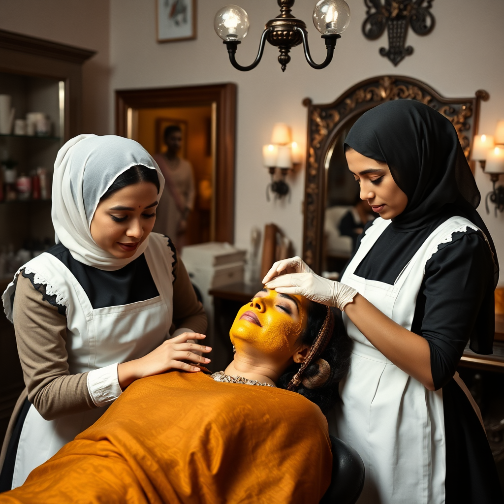 2 French maids with hair covering, working in a beauty parlour, giving a turmeric facial to a wealthy Indian wife.