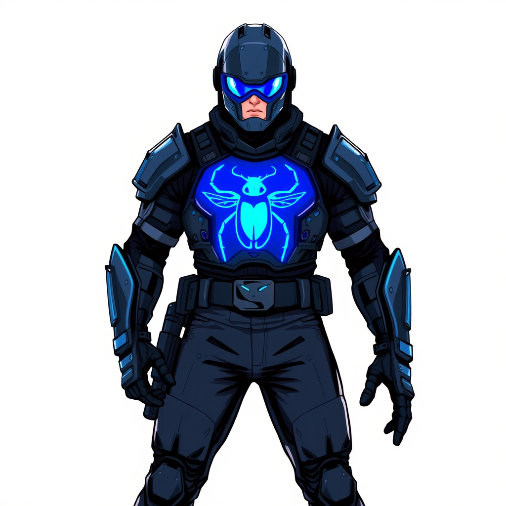 A 28-year-old cyberpunk vigilante stands heroically, clad in high-tech, maximum blue, light armor featuring a neon blue glowing beetle on the chest. They wear black biker pants, a black belt with a sapphire beetle buckle, and a head covering helmet resembling a sleek, tactical design, but colored maximum blue with neon blue glowing lenses. Their hands are protected by black metal gloves, all set against a solid white background. He is drawn as if he was in a retro 2D cyberpunk fighting game.