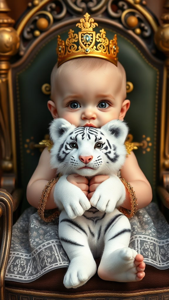 A cute small chubby fair baby big eyes pink lips pink cheeks wearing a royal sparkling frock sitting on throne holding a white fluffy cute tiger