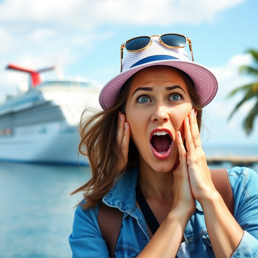 create a photo realistic image of a tourist woman putting her hands on her cheeks, her mouth open as if she's having an expression of someone who is surprised or shocked. On the background there is a cruise ship. Make the image rectangle and not square