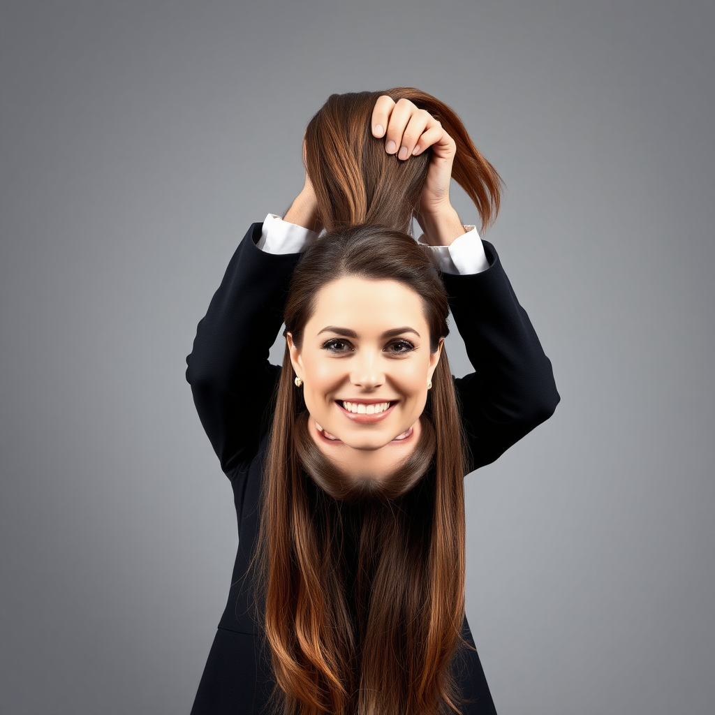 A surreal image of a smiling male magician holding up the disembodied head of a very long haired Kate Middleton. He is grabbing her very long hair and pulling it up high in the air, while her head is hanging by her hair from his grasp to display it to the camera. Plain gray background.