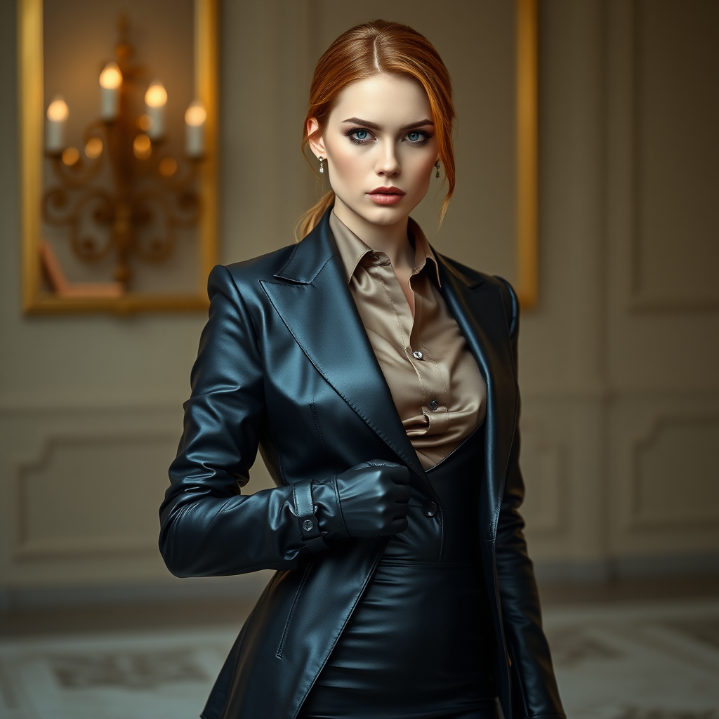 A gorgeous professional photo of a beautiful, young, slim, tall, pale auburn-haired woman in expensive, elegant black leather suit and silk shirt and leather pencil dress, pantyhose with long leather gloves and long leather boots. She is looking unamused, dominant, in control and powerful. femme fatale, 32k resolution, sharp focus, hyperrealistic, photography, highly detailed, smooth, nikon, award winning, breathtaking, groundbreaking, superb, outstanding.