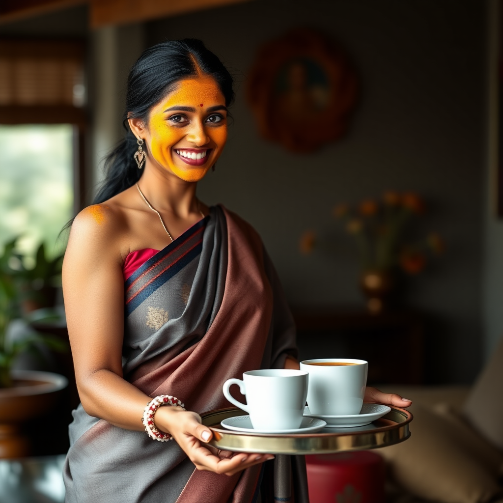 slim, 30 year old, sexy, indian wife, saree, turmeric face mask. She is smiling and serving coffee on a tray to guests.