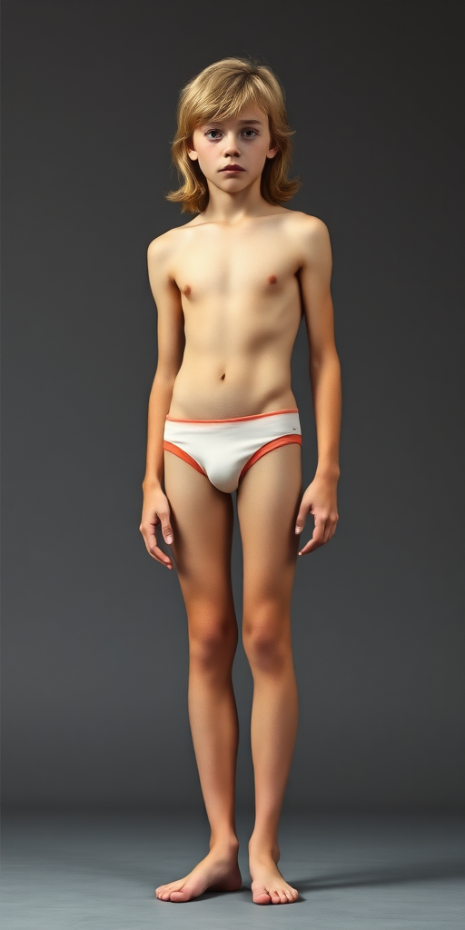 A tall skinny 14yo teen boy, long hairs bow cut, wearing speedo, long legs, narrow thighs. full-length view. 1970s. photorealistic, ultra high resolution, 16K, Negative: grainy, blurry, bad anatomy, extra limbs, watermark.