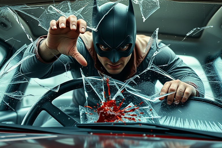 Realistic. Glass breaking as tortured, Masked Superhero propelled forward in car crash over steering wheel and out through windshield of car and out over hood of car. Blood and glass flying. Mask being torn from face by breaking windshield.