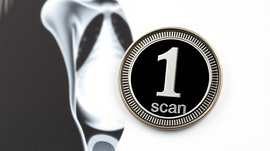 A coin with the engraving "1 scan" and the background of an engraved mammogram exam in the style of a comic icon in black ink only on a white background.