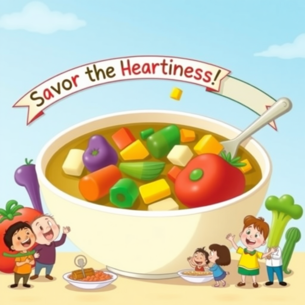 An imaginative scene of a giant bowl of chunky vegetable soup, with colorful, oversized chunks of vegetables floating in it, surrounded by cheerful cartoon characters enjoying the meal, with a banner overhead reading, "Savor the Heartiness!"