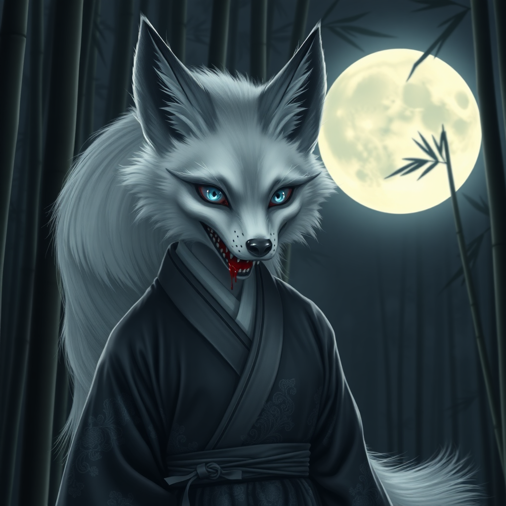 a eerie-looking nine-tail-silverfox with blue eyes in a female Korean hanbok the mouth half open with blood on the teeth, in front of the full moon in a bamboo forest