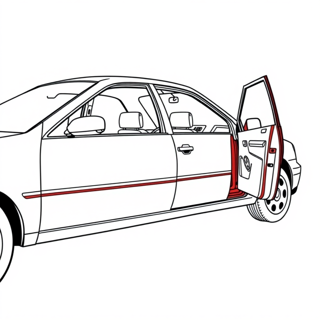 red vw polo II car, driver's door wide open, long establishing shot, 2D, caricature, cartoon, Sketch lines, coloring book, coloring book style on white background, well composed, clean coloring book page, No dither, no gradient, strong outline, No fill, No solids, vector illustration, realistic proportions, blueprint, left side view