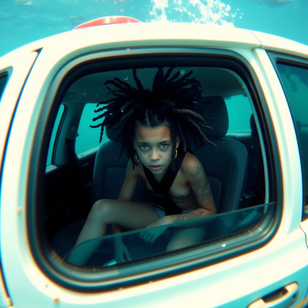 Underwater naked preteen with gravity-defying dreadlocks and tattoos struggling to hold her breath trapped in her seatbelt sitting in the backseat of a police car on the ocean floor