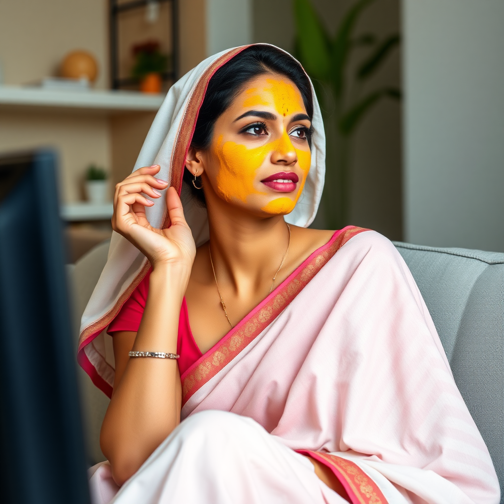 slim, 30 year old, modern indian wife with hair covering, turmeric paste on her face. she is sitting on a sofa and watching TV