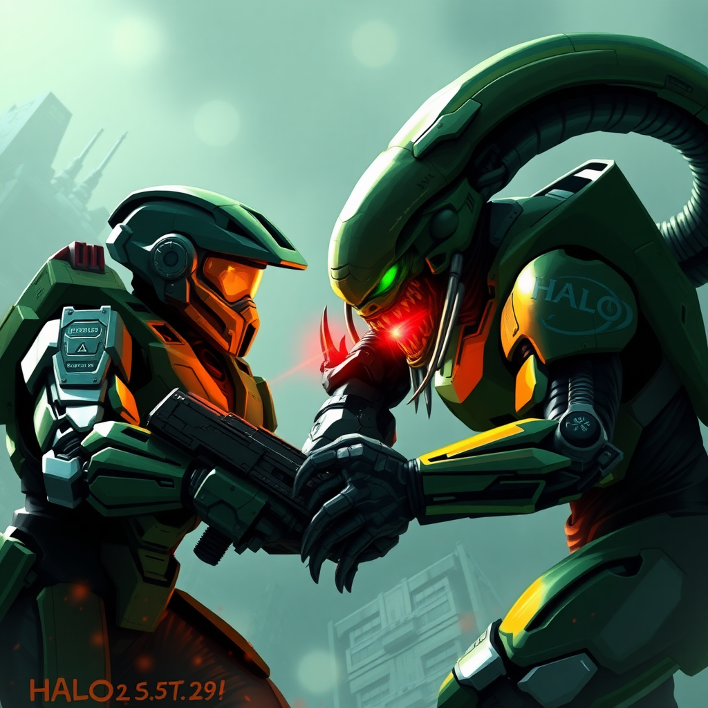 master chief from halo fighting a xenomorph