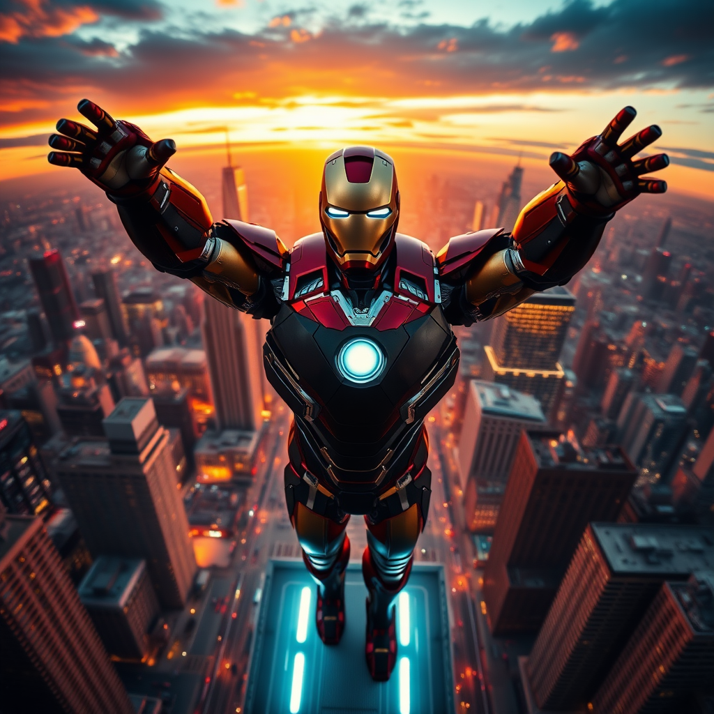 An action-packed, visually striking scene of tonystark in ironman suit, no helmet/mask, standing triumphantly amidst a dramatic, cityscape backdrop at sunset, camera angle: bird's eye view, with vibrant colors and sharp contrasts to make him stand out.