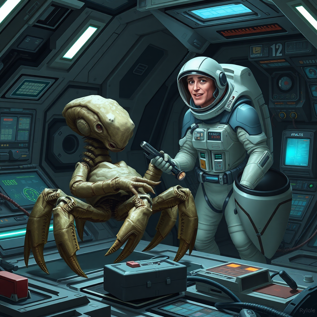 Depict Rocky, an alien from the planet Erid, aboard a high-tech spacecraft, working alongside Ryland Grace. Rocky is a five-legged creature with a crab-like appearance, covered in thick, chitinous armor. Rocky does not have eyes or a head but His limbs are arranged symmetrically around a central 5 sided body, and each limb ends in a claw-like appendage, which he uses to manipulate tools with precision. His rock like body contrasts with the smooth, sleek surfaces of the human-designed spaceship. In the background, Ryland Grace, a human astronaut in a futuristic space suit, is observing Rocky as they collaborate on repairing or analyzing a piece of alien technology aboard the ship. The environment should feel claustrophobic yet futuristic, with glowing control panels, tools, and wires scattered around the scene. Rocky’s presence, though alien, conveys a sense of cooperation and intelligence, with both characters focused on their shared task.