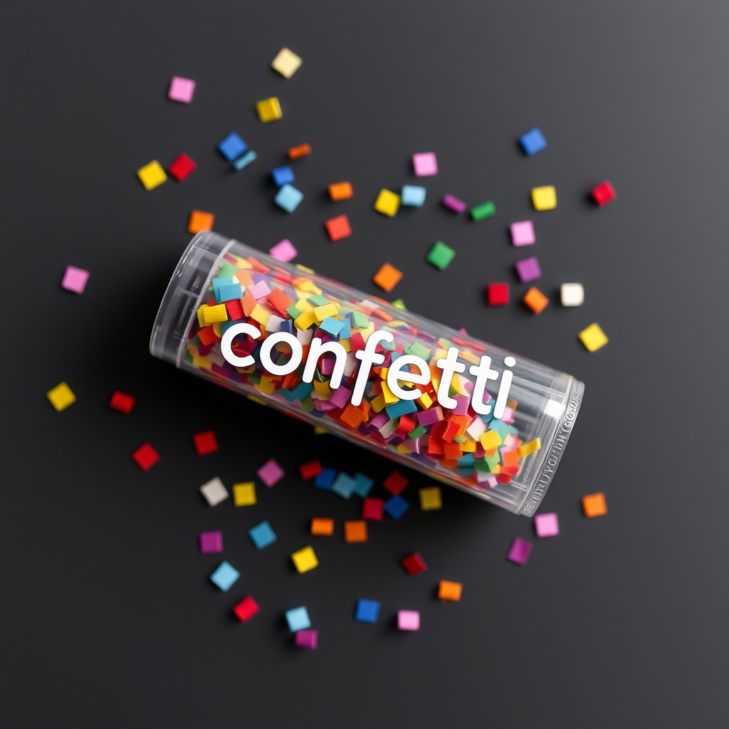 A photo of colorful confetti popper tube with text "confetti" on it