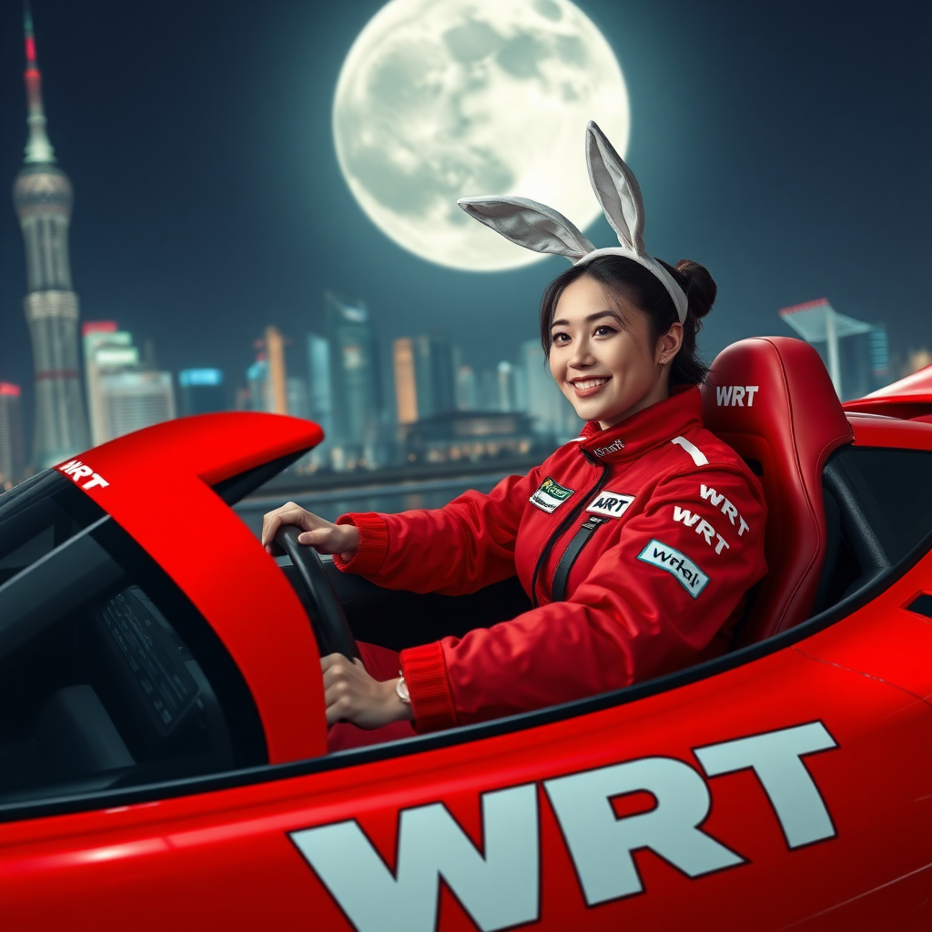 The red racing car has only "WRT" written on its body, and a beautiful Chinese female racer wearing rabbit ears smiles as she drives. Her red racing suit also has only "WRT" written on it, with the background featuring the night view of Shanghai and a gigantic moon.