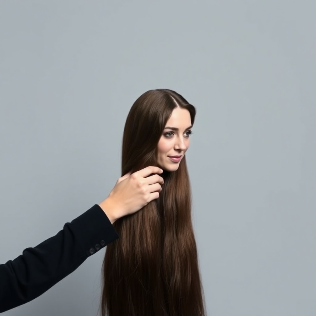 A surreal image of the beautiful disembodied head of a very long haired Kate Middleton. A hand is grasping the ends of her hair and her head is hanging from the other end. Plain gray background.