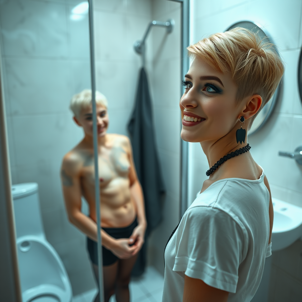 photorealistic, ultra high resolution, 16K, surreal fantasy, studio lighting, a 35 year old mother who is fully dressed for work is watching her pretty 14 year old goth son, slim male physique, short blonde hair, goth makeup, earrings, pantyhose, white ballet shoes, in the bathroom, excited smile, facing the camera.