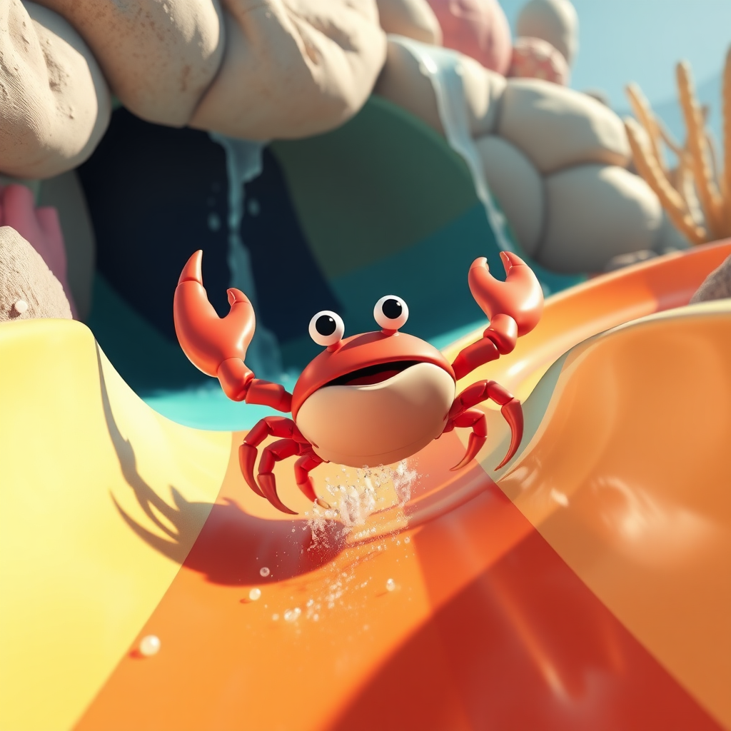 A cartoon crab riding on his back down a water slide