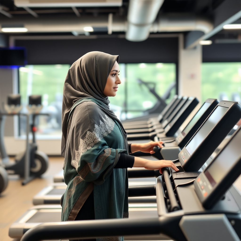 Indian wife, hijab, working out on treadmill in gym