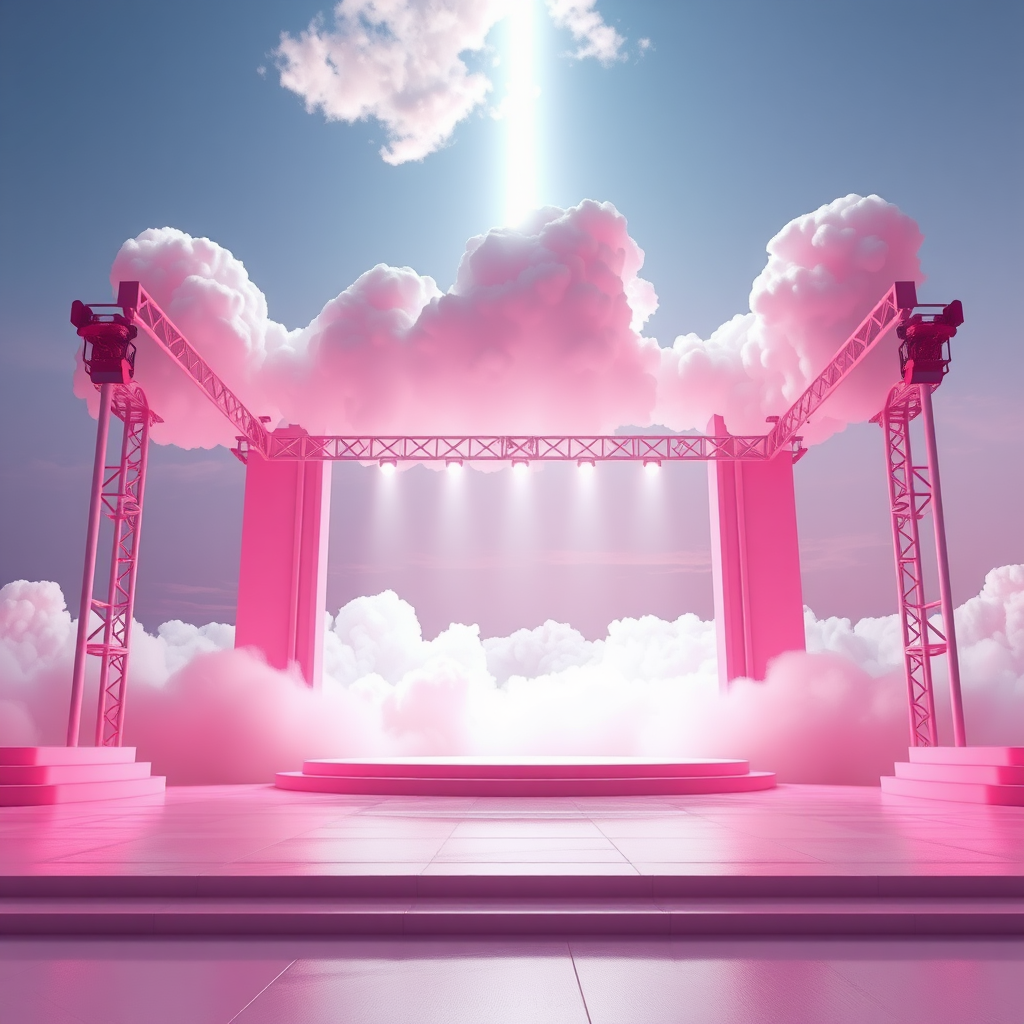 Stage, seaside stage, stage design, clouds and mist behind the stage, futurism, light piercing through the clouds, fantasy scenes, 3D animated futurist fantasy scenes, pink, white and light pink, animation style, gradient sky, bright lights, focused composition, close-up, low angle shot, presented in Cinema 4D style. 3D modeling, original rendering.