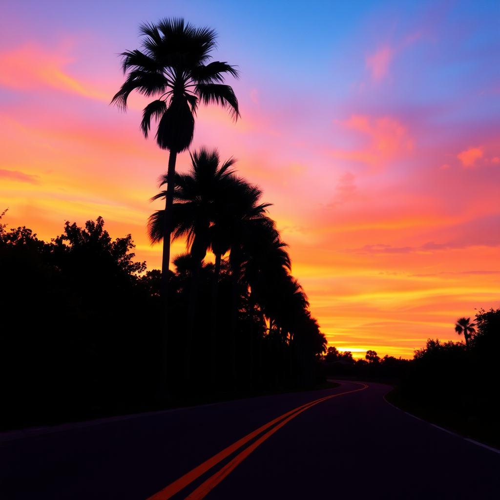 A serene sunset landscape captured from a low angle, featuring tall palm trees expressed through an Impressionist aesthetic, alongside a meandering road. The road has a prominent yellow line that draws the viewer's gaze into the distance. The sky is breathtakingly blended with warm oranges, deep purples, and soft pinks, reflecting the ambiance of a quiet, golden hour. The soft silhouettes of lush foliage on either side create a sense of depth, and the fading sunlight casts gentle shadows. The image emphasizes color and atmosphere over precise details, evoking a feeling of tranquility.