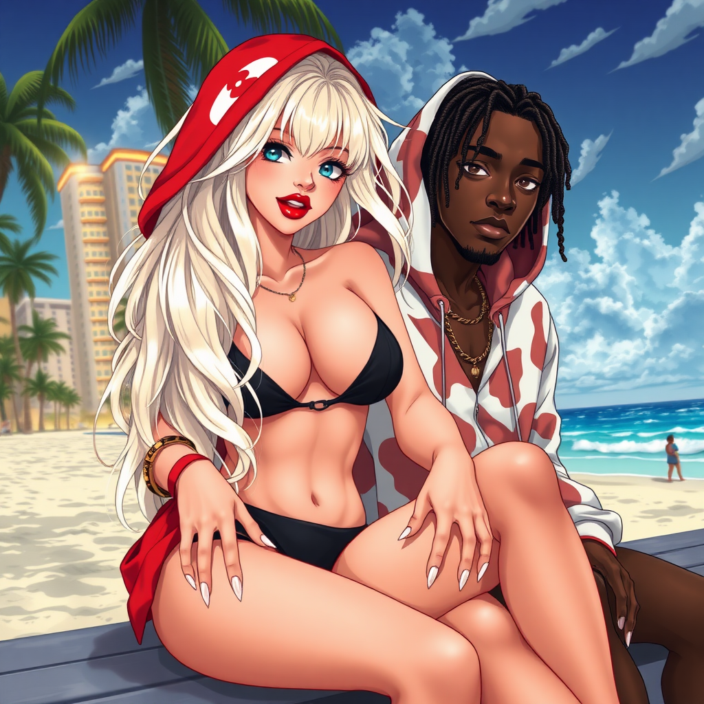 Anime style art of a 19 year old thug ghetto woman, white, long blond hair, wearing nothing but a micro-black bikini and g-string thong under a red-white Bape hoodie, red lips, white nails, down in Miami Beach, Florida near a city, she is sitting next to a dark-skinned male with dreadlocks.