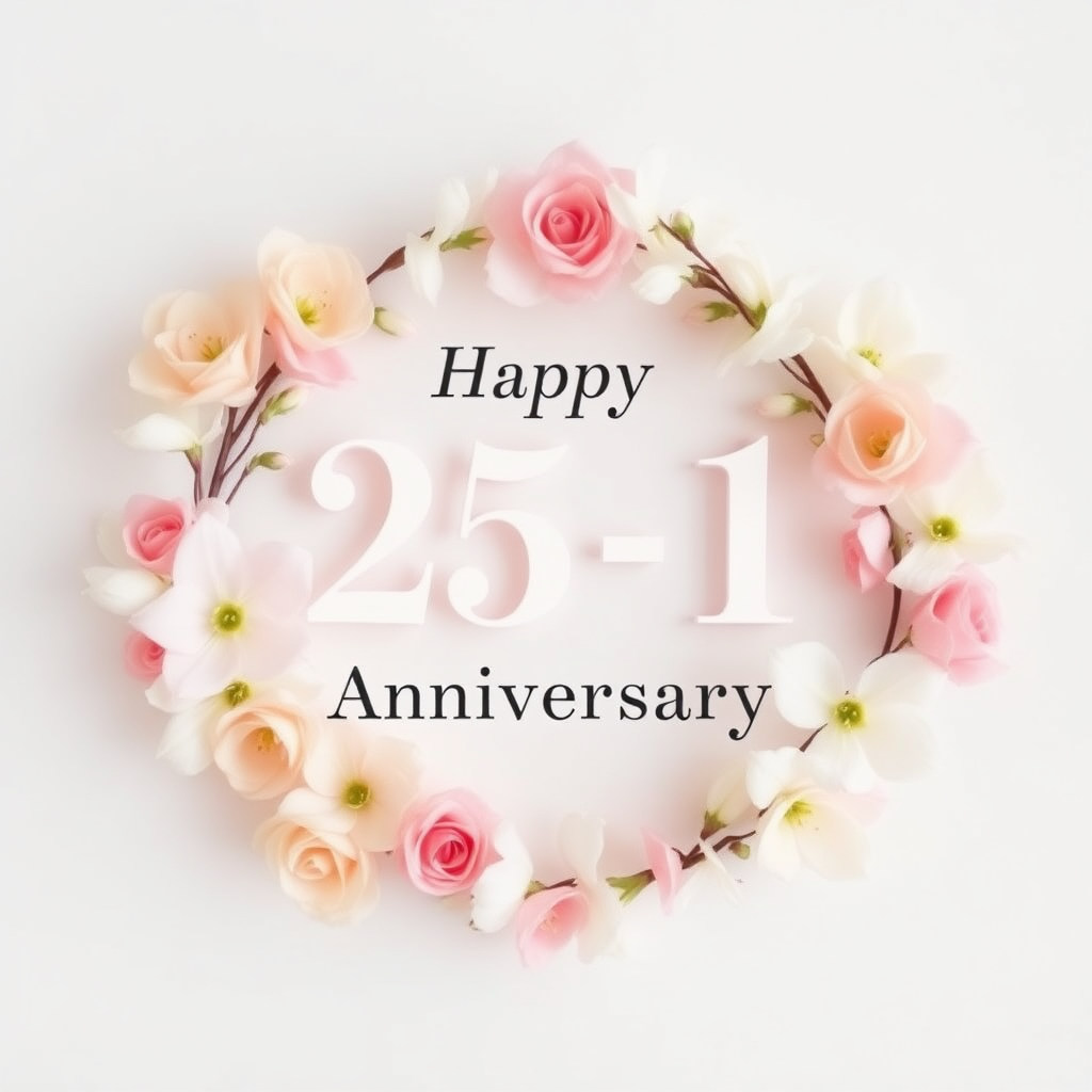 Create a soft, elegant image for a 24th wedding anniversary with a subtle 25-1 motif, blending celebration and love. Include delicate flowers, such as roses or lilies, arranged around a message that reads: "Happy 25-1th Wedding Anniversary". Incorporate soft pastel colors like pinks, creams, and whites. The overall vibe should be warm, romantic, and joyous, capturing the essence of love and commitment over the years. the text needs to be exact. do not omit the word "Wedding"