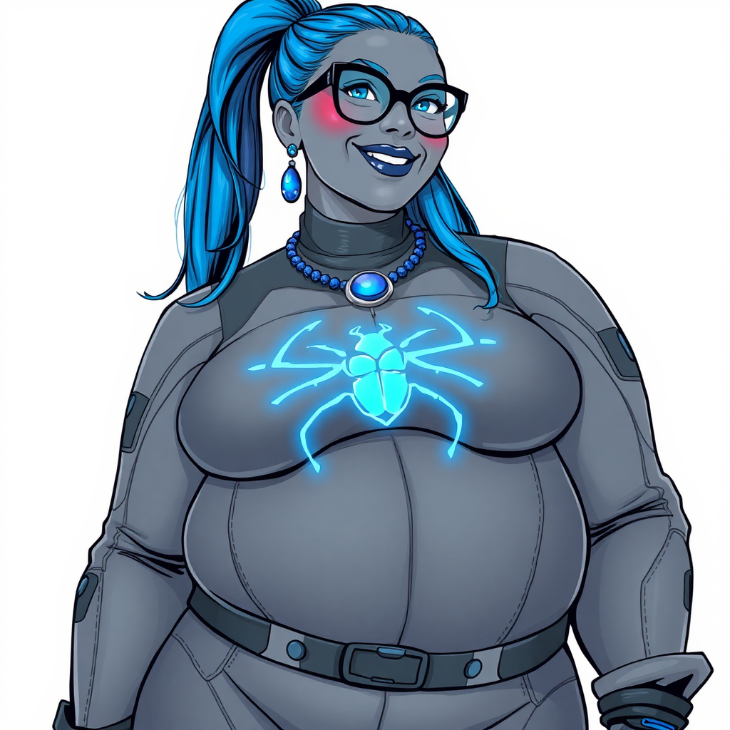 A cyberpunk vigilante’s full-figure middle gray computer program hybrid 28-year-old digital sidekick and loyal girlfriend. She has a long maximum blue ponytail and middle gray metallic skin. She wears maximum blue lipstick, blue eyes, a sapphire beetle gemstone necklace, sapphire earrings, black eyeglasses, and an oversized, digital, computerized, middle gray bodysuit featuring a neon blue glowing beetle chest icon accentuating her prominent, round, gargantuan midsection. She sports a beaming smile with a neon red blush. She serves as his minicomputer operating in his hi-tech wristwatch and supercar's onboard computer using her ability to hack into machines and computer to relay vital mission information. The background is solid white. She is drawn as if she was in a retro 2D cyberpunk fighting game. Her midsection is bloated to emphasize her figure.